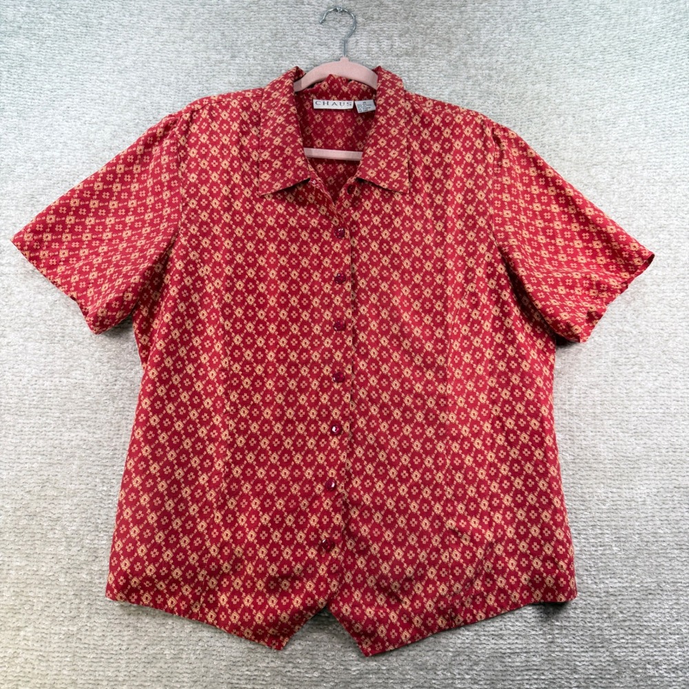 Chaus Blouse Short Sleeve 100% Silk Size 14 Red Geometric Vintage Career